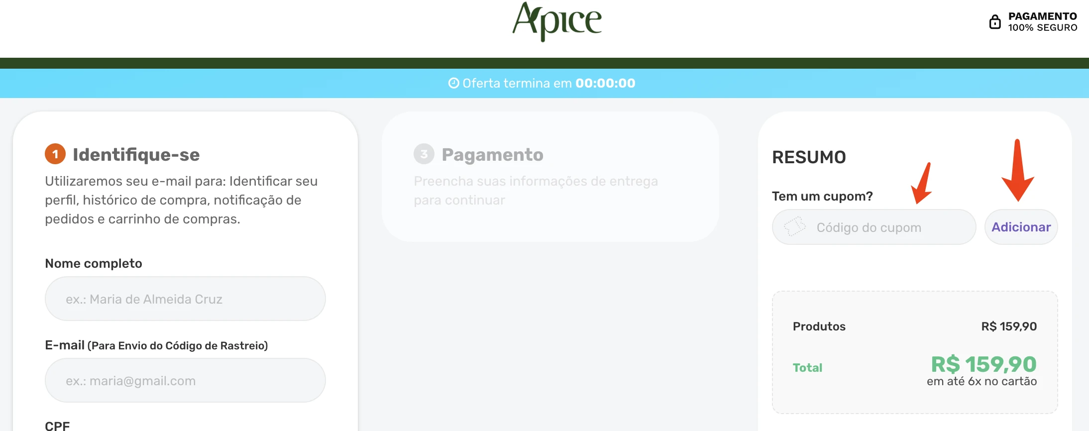 3. Encontre o campo Cupom e cole o código em Apice Cosmeticos.