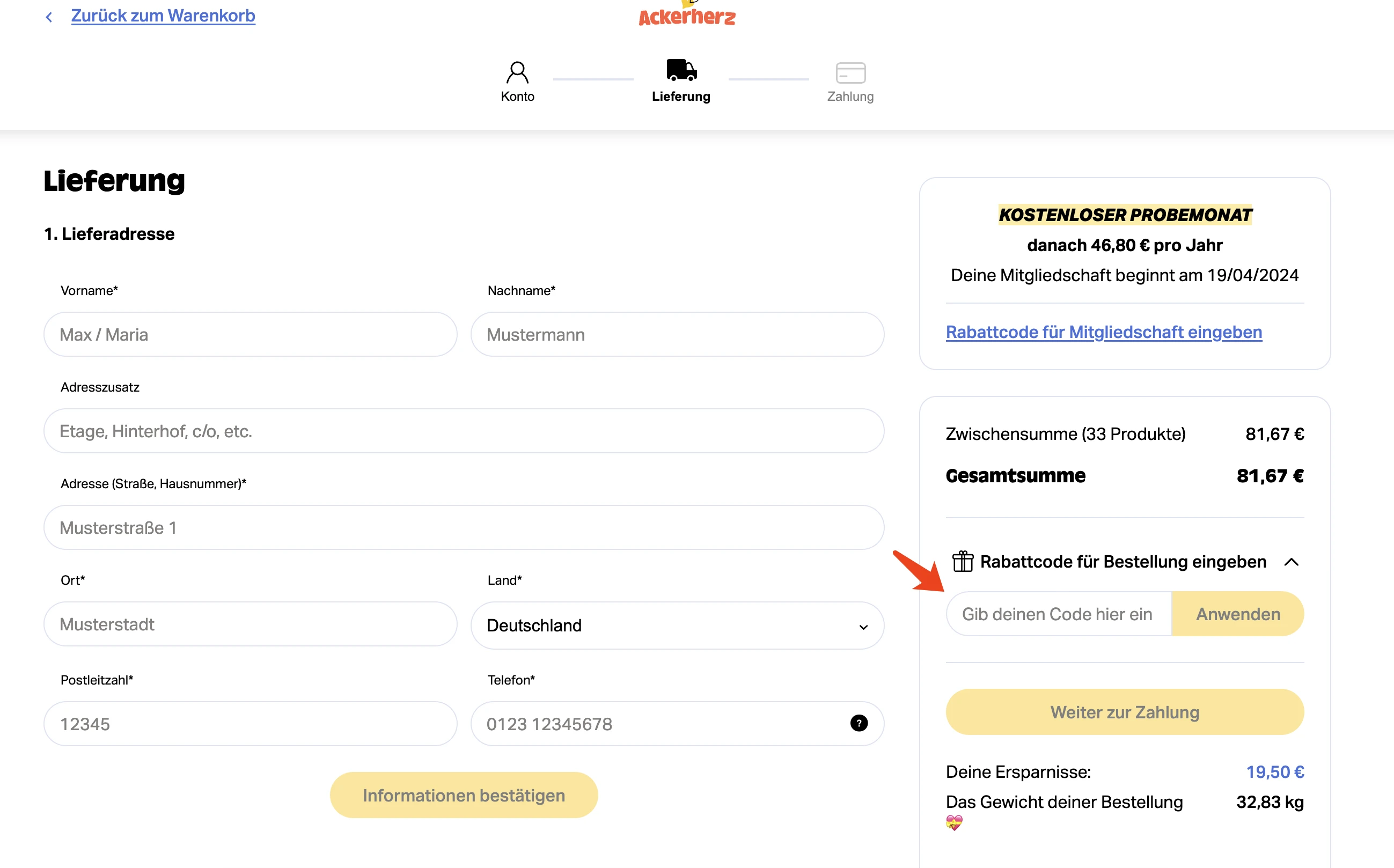 3. Suchen Sie das Gutscheinfeld und fügen Sie den Code auf Ackerherz ein.