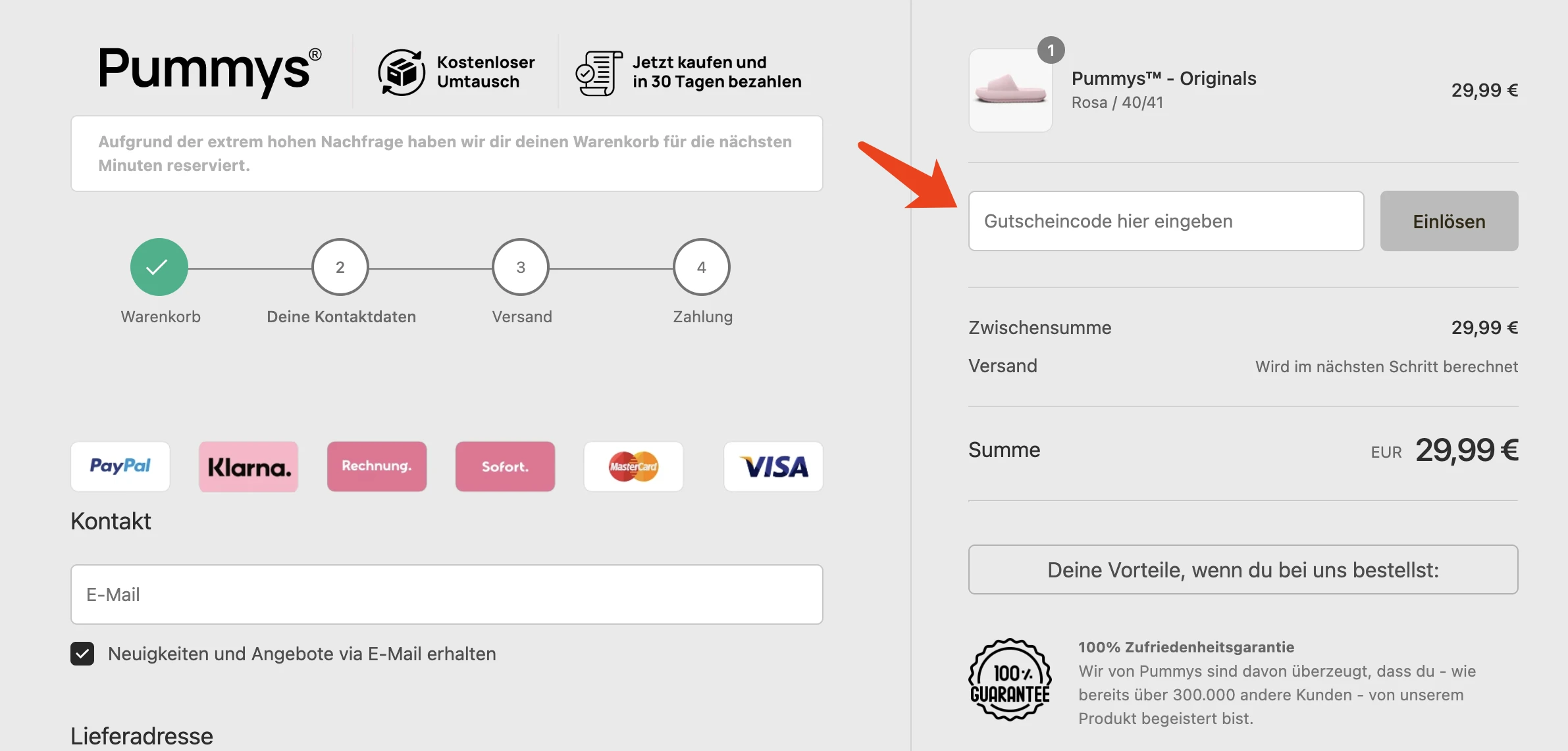 3. Suchen Sie das Gutscheinfeld und fügen Sie den Code auf Pummys ein.