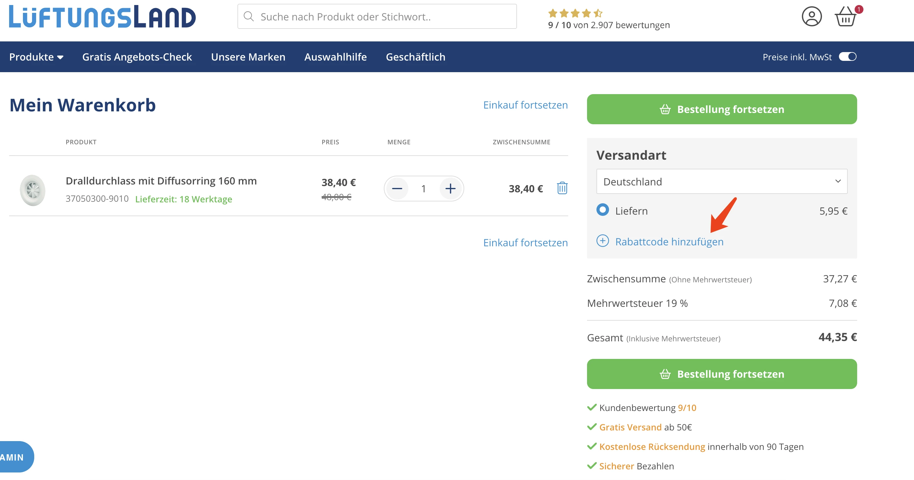 3. Suchen Sie das Gutscheinfeld und fügen Sie den Code auf Lueftungsland ein.