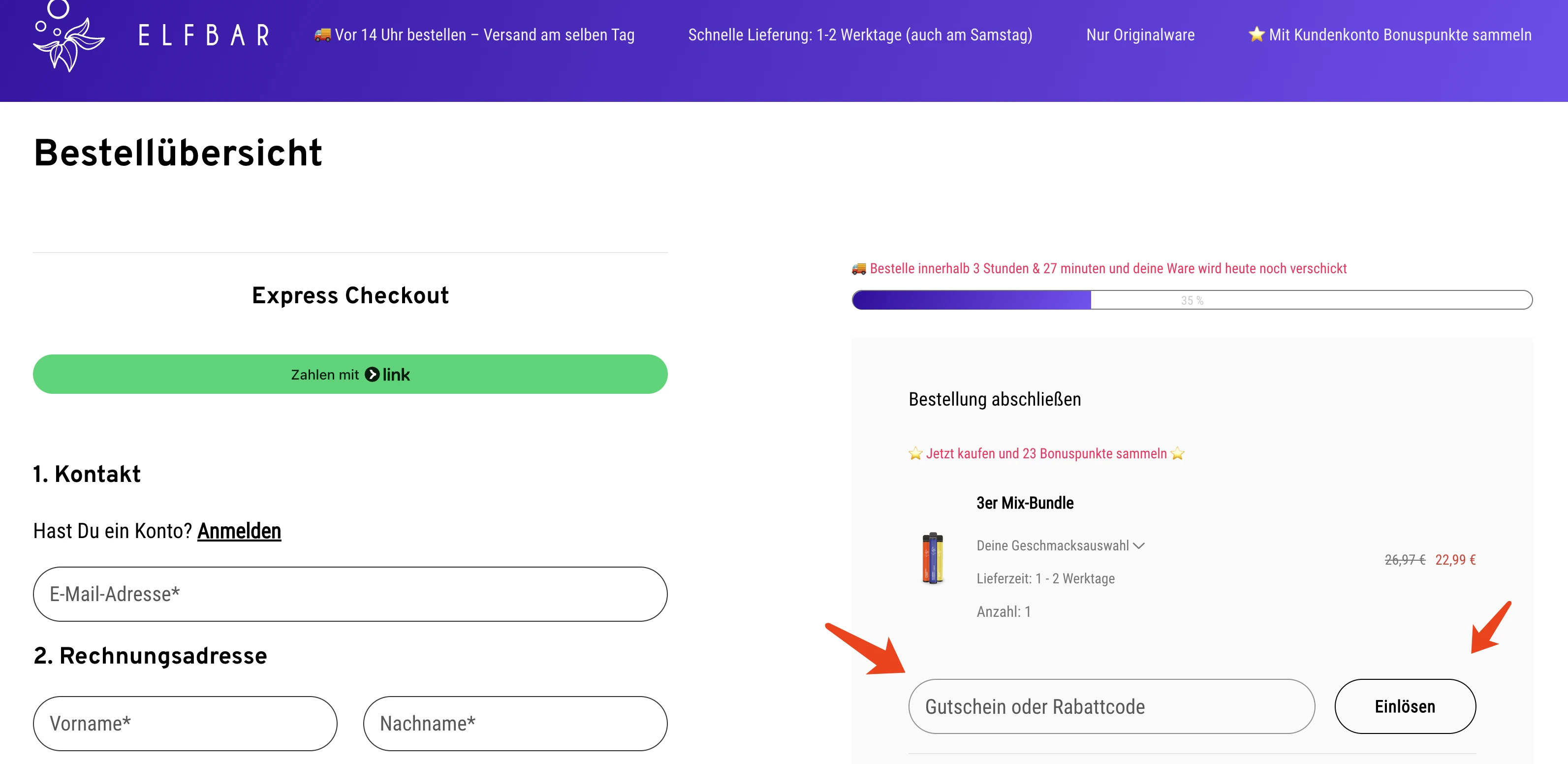 3. Suchen Sie das Gutscheinfeld und fügen Sie den Code auf Elfbar 600 ein.