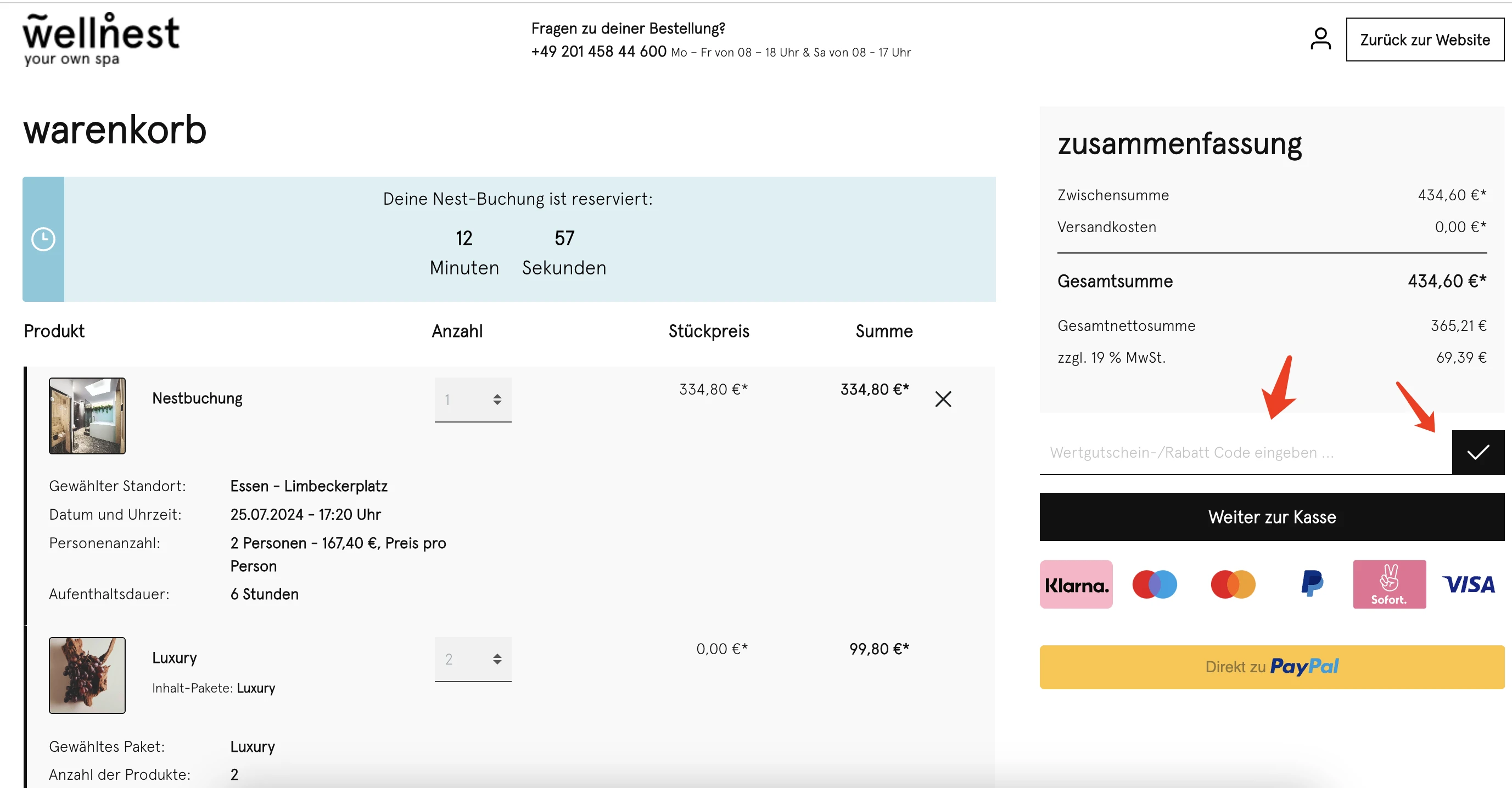 3. Suchen Sie das Gutscheinfeld und fügen Sie den Code auf Wellnest ein.