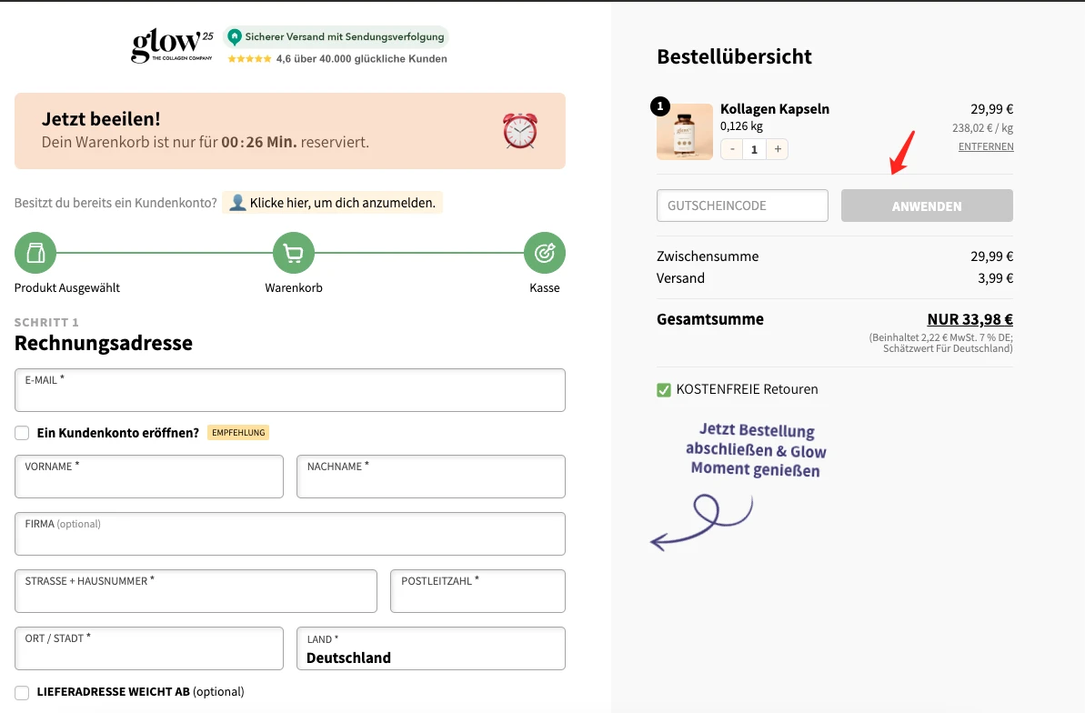 3. Suchen Sie das Gutscheinfeld und fügen Sie den Code auf Glow25 ein.