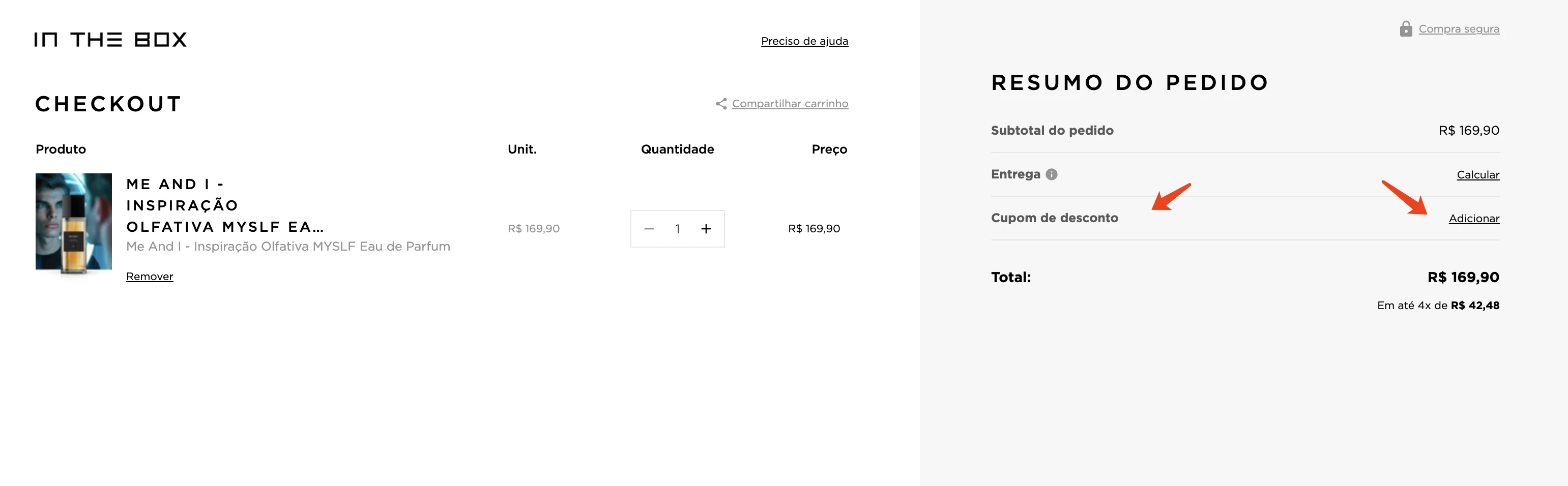3. Encontre o campo Cupom e cole o código em In the Box Perfumes.